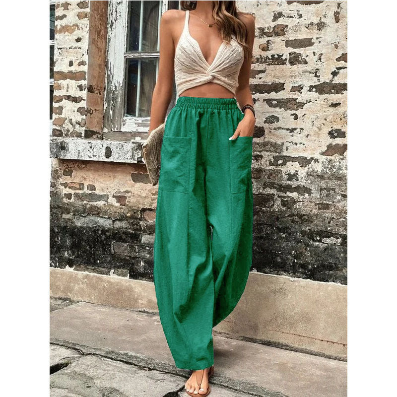 storexq wish Independent Station  Cross-Border Women's Clothing Pants Solid Color Pocket Women's Casual Trousers Trousers with an Elasticated Waist Trousers