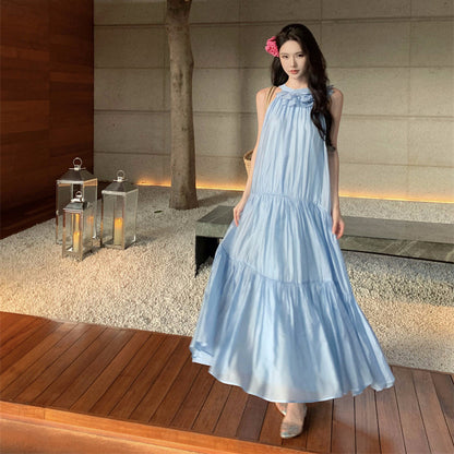 2025 Gentle water blue soft light yarn three-dimensional flower bow strap neck dress women's seaside vacation dress