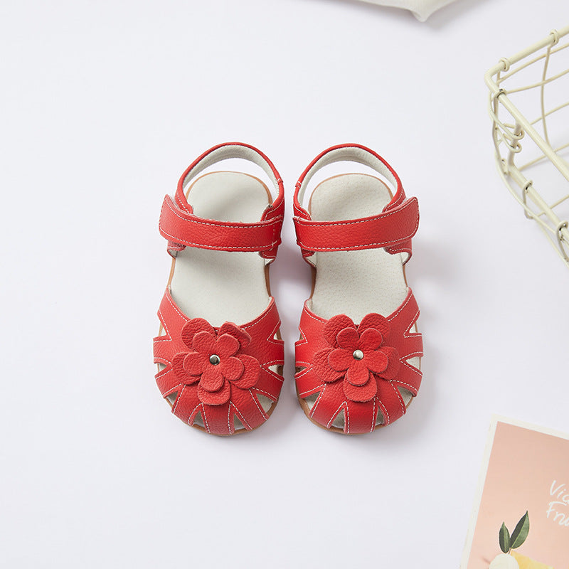 STOREXQ Girls' Closed-Toe Flower Sandals Summer Soft Soled Princess Shoes Classic Cross-Border Leather Children's Shoes