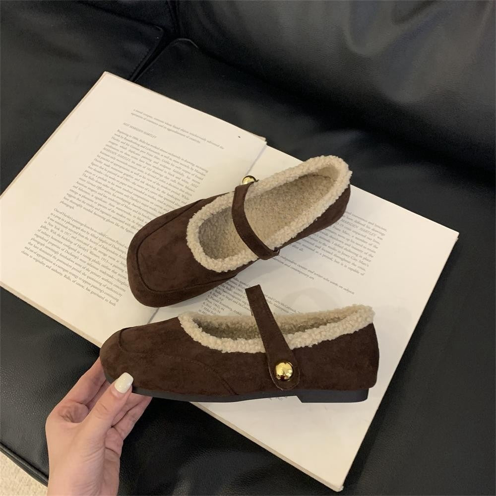 2025 Retro Mori square head low-heeled plush shoes women's autumn and winter one-word suede Mary Jane cotton shoes