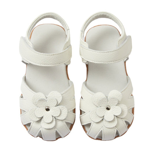 STOREXQ Girls' Closed-Toe Flower Sandals Summer Soft Soled Princess Shoes Classic Cross-Border Leather Children's Shoes