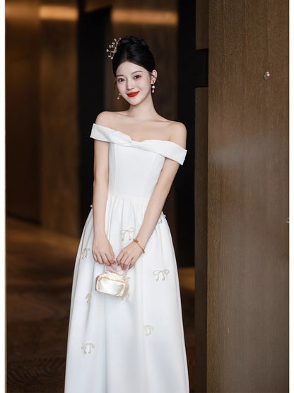 2025 One-word shoulder white dress dress, usually can wear morning robe, tube top, advanced registration certificate host engagement dress