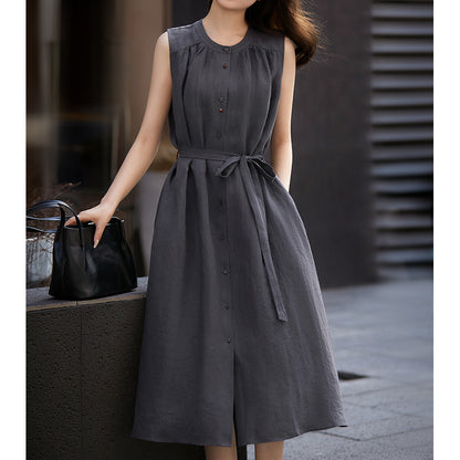 2025 Linen vest skirt, high-end lace-up waist sleeveless commuter dress, summer cotton and linen Hangzhou women's clothing