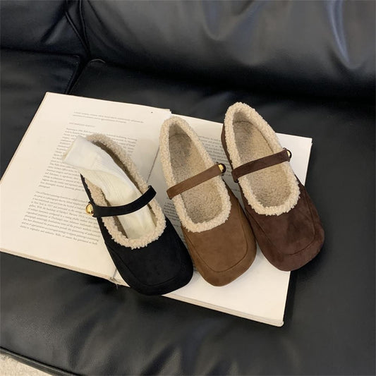 2025 Retro Mori square head low-heeled plush shoes women's autumn and winter one-word suede Mary Jane cotton shoes