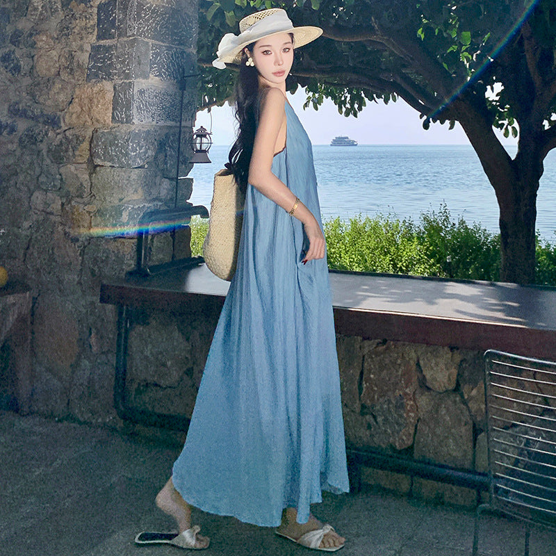 2025 Thailand travel photo suspender long dress seaside vacation loose backless blue dress women's summer beach dress