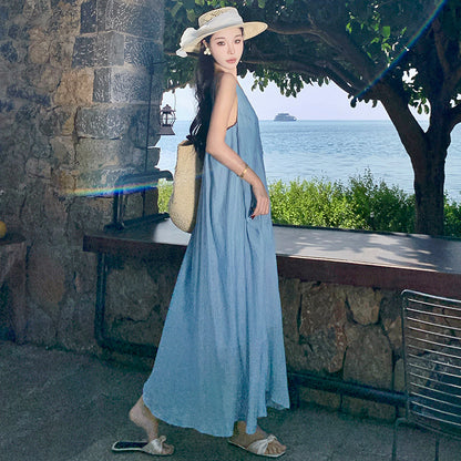 2025 Thailand travel photo suspender long dress seaside vacation loose backless blue dress women's summer beach dress