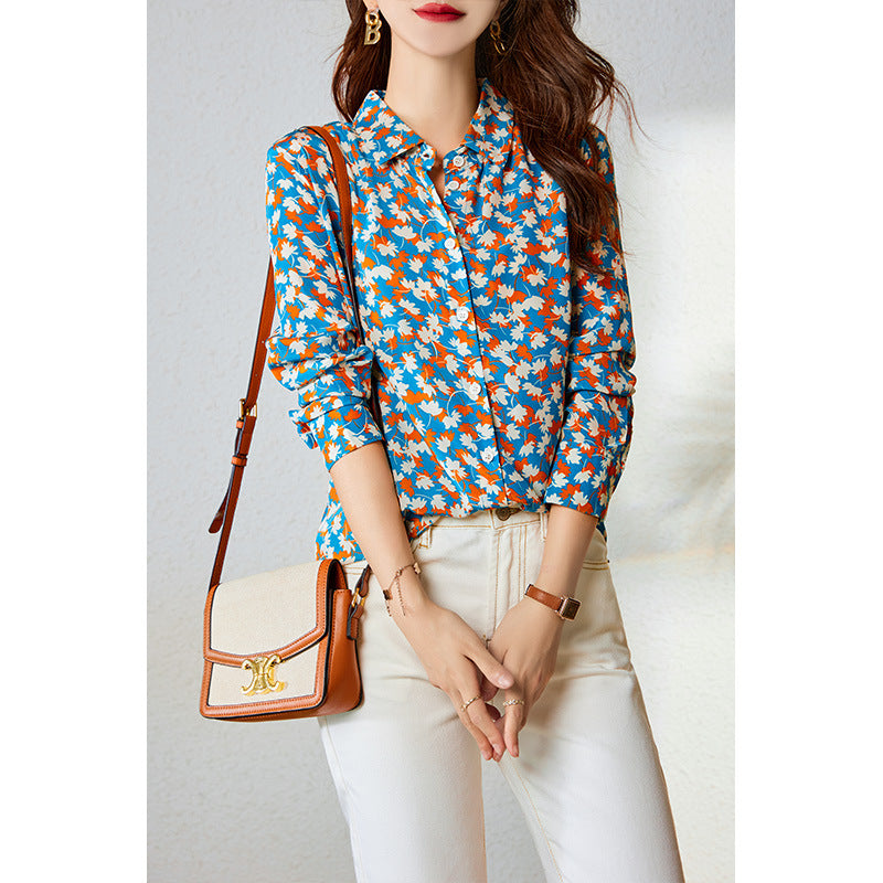 2025 silk shirt women's  spring and autumn new maple leaf printing heavy mulberry silk shirt spring and autumn women's top