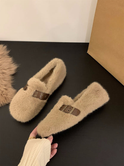 2025 Flat-bottomed plush Doudou shoes plush single shoes women's shoes popular new autumn and winter outer wear soft-soled cotton shoes fluffy shoes