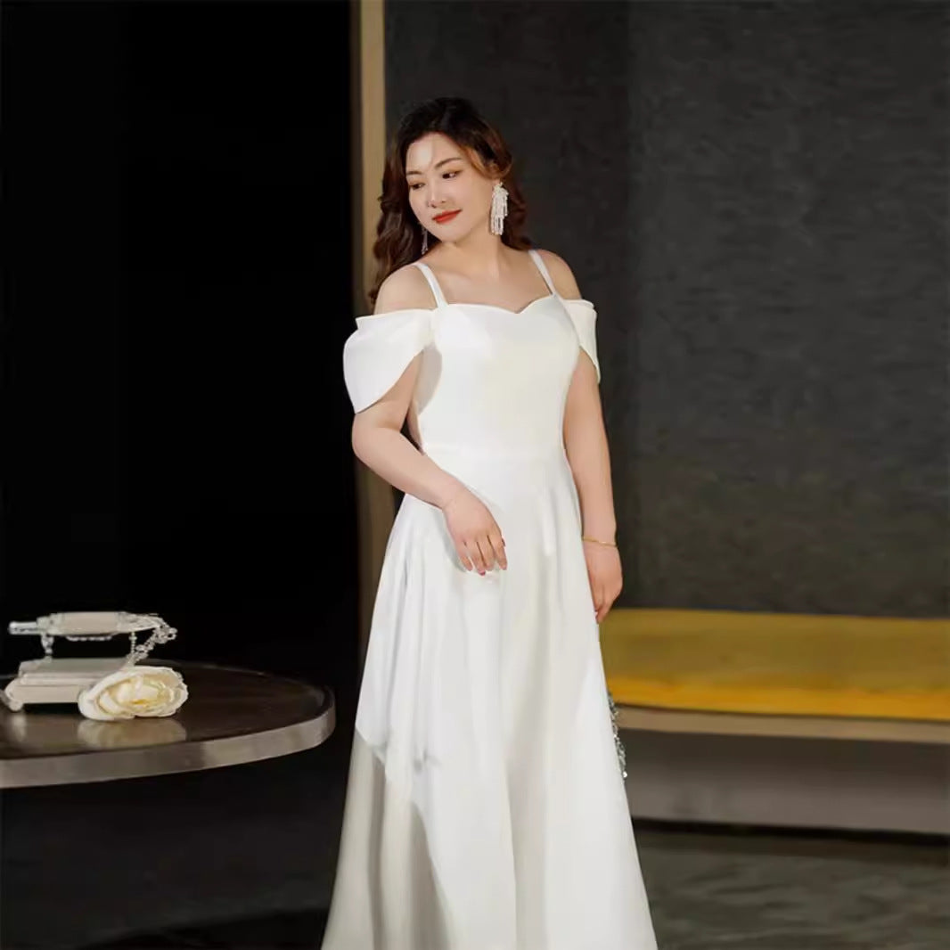 2025 Large size fat mm evening dress dress women's studio shooting engagement dress one-word shoulder  certificate registration small white dress