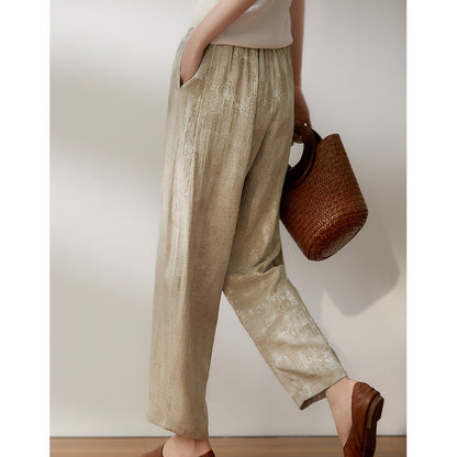 2025 New Chinese silk linen jacquard, retro national style casual pants, loose and relaxed nine-point pants women's clothing summer