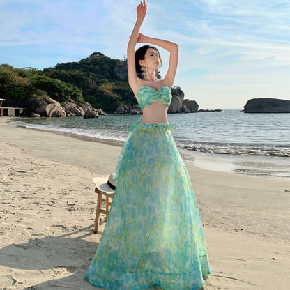 2025 Dopamine Island Wear Super Fairy Suit Female Summer Beautiful Green Printed Dress Vacation Wind Travel Skirt