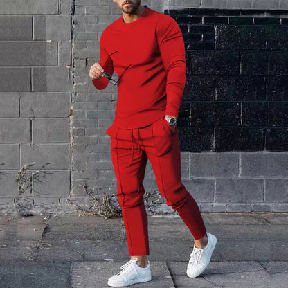 Cross-Border Men's Spring and Autumn Leisure Sports Suit   round Neck, Slim-Fit, Long-Sleeved Trousers Two-Piece Suit Men