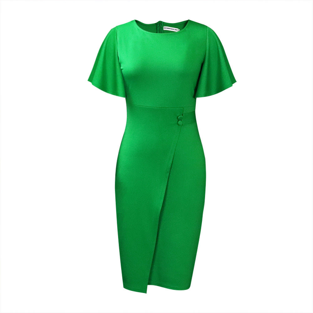 2025 D311 Popular trade women's clothing popular summer new solid color high waist temperament commuter lotus leaf sleeve office 2025 dress