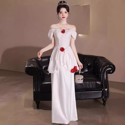 2025 White Evening Dress Sexy Celebrity Light Luxury Niche High-end Rose Flower Birthday Premium Dress Bar Mitzvah