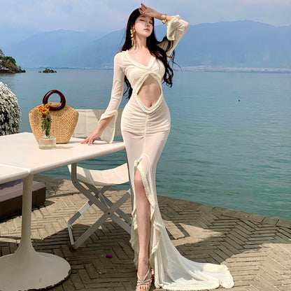 2025 sexy pure desire wind hollow ruffle edge mesh dress women's senior seaside vacation spice trailing dress