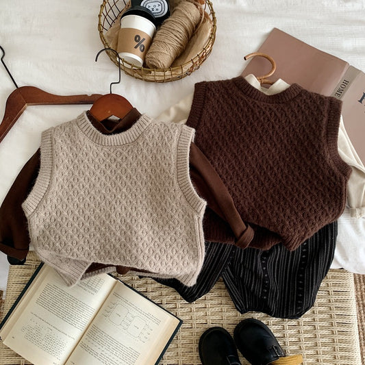 Girls knitted vest autumn and winter 2023 children wear round neck vest Korean version children's clothing boys sweater vest autumn clothing