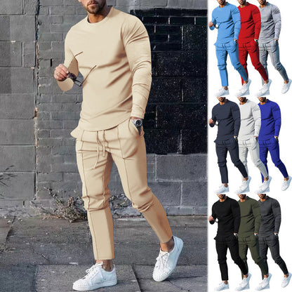 Cross-Border Men's Spring and Autumn Leisure Sports Suit   round Neck, Slim-Fit, Long-Sleeved Trousers Two-Piece Suit Men