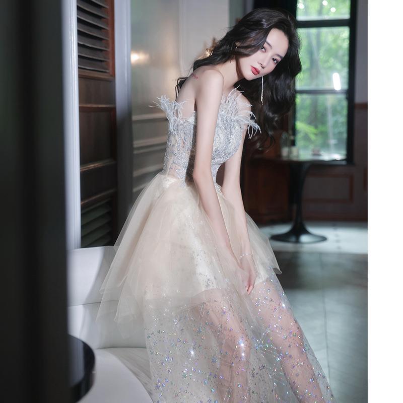 Style evening dress female adult graduation banquet temperament tube top shoulder art test light luxury niche design sense fairy