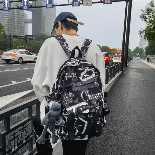 Backpack Trendy Brand Backpack Men's Large Capacity Fashion College Students Bag Women's Simple Trendy Cool Graffiti Couple College Students' Backpack