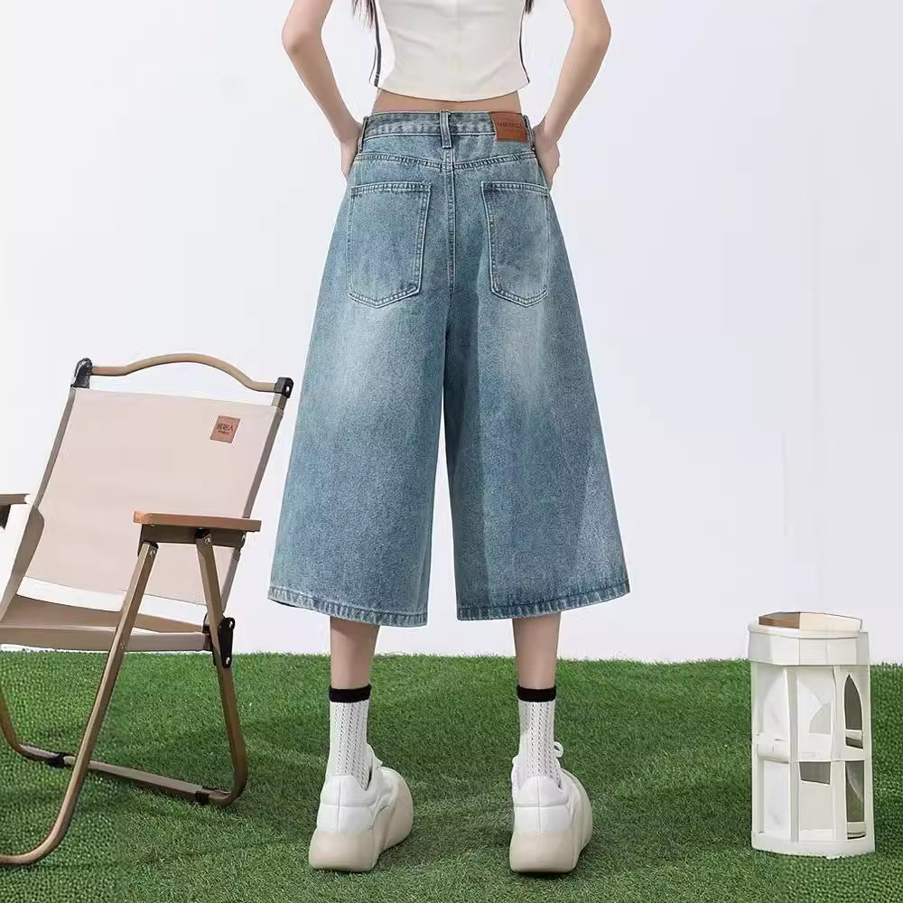 storexq Summer Thin Light Blue Cropped Pants for Women  Spring and Autumn High Waist Slimming Loose Wide Leg Small All-Matching Jeans