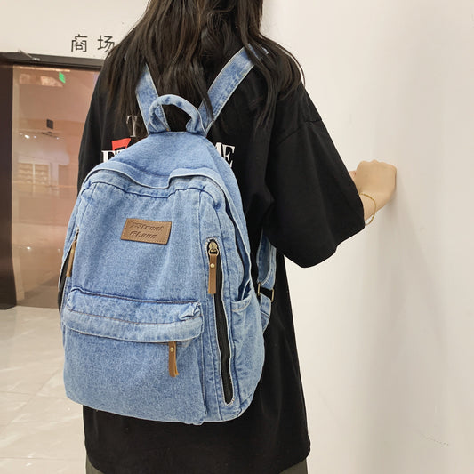 Backpack New Fashion Simple Trendy Backpack Large Capacity Durable Jean Bag University High School Junior High School School Bag