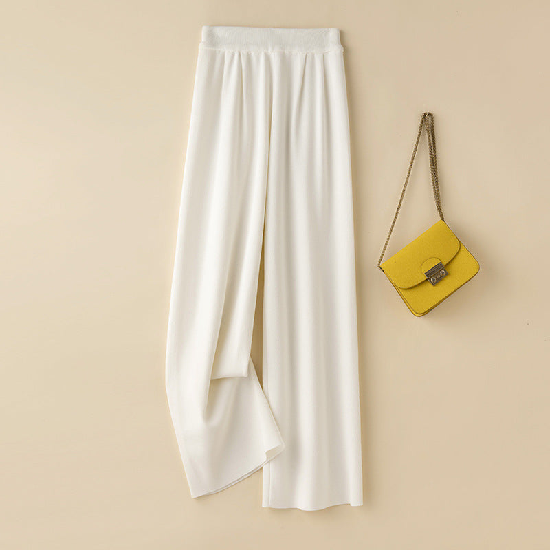 storexq Summer White Ice Silk Wide-Leg Pants Women's Thin High Waist Drooping Cool Pants Casual Straight-Leg Knitted Narrow Long Pants