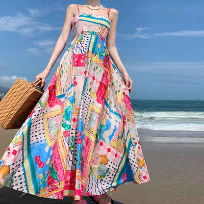 STOREXQ New autumn new -border  temperament elegant printing painted waist suspender long pendulum dress