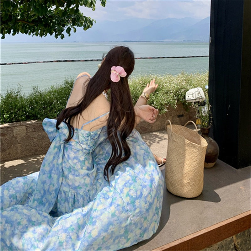 2025 Seaside travel photo floral suspender A-shaped dress spring and summer  vacation style thin waist long skirt