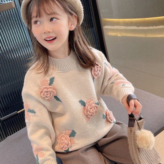 Girls' autumn and winter new sweater crew neck foreign style Korean version knitted sweater design sense flower middle children's bottoming top tide