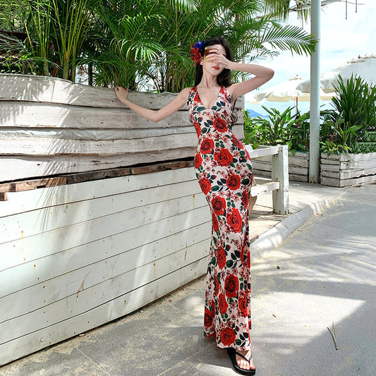 2025 pure desire style printing halter neck dress women's summer seaside vacation sexy temperament hip-wrapped long skirt