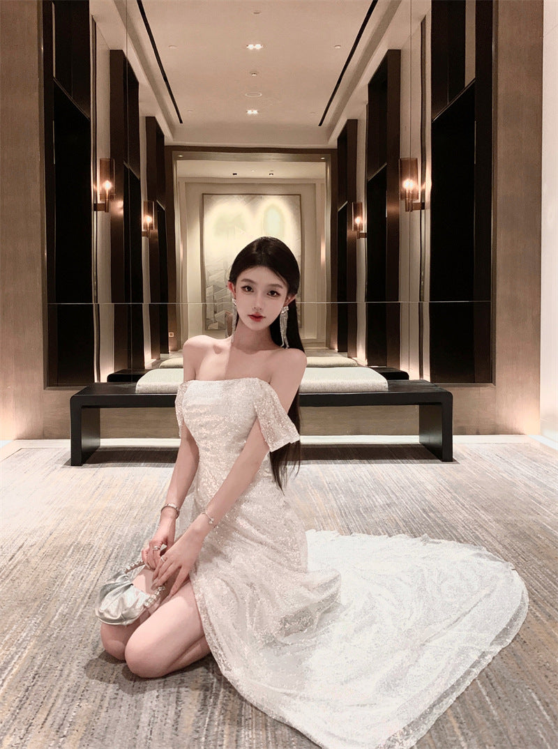 2025 Light wedding dress one-word shoulder temperament light luxury Mori super fairy travel photography bright and slim fishtail banquet birthday dress skirt