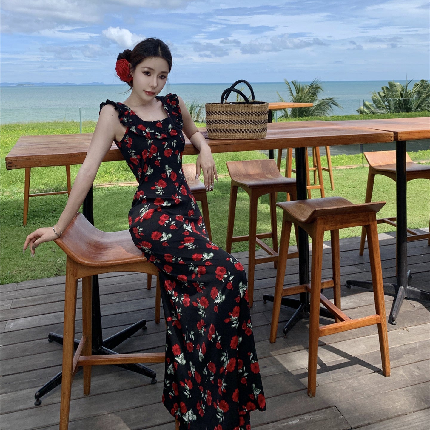 2025 Coffee break  retro rose floral suspender dress women's summer high-end temperament seaside vacation long skirt