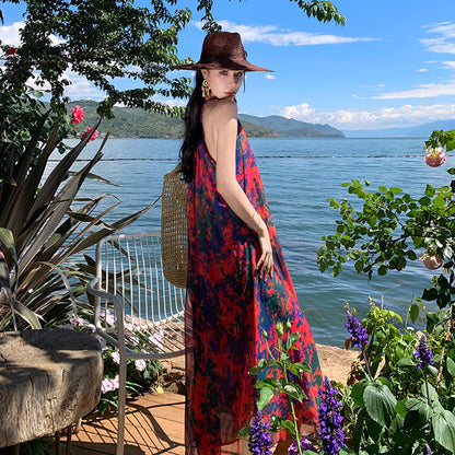 2025 High-end fashion retro ethnic style dress Sanya seaside Yunnan travel photo summer pendulum long skirt