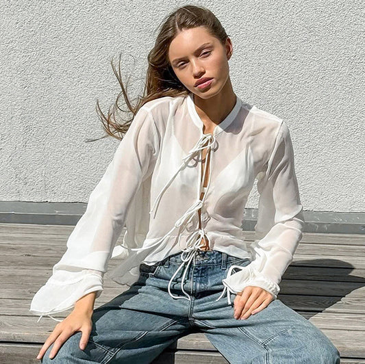 STOREXQ White chiffon small stand-up collar design sense drawstring women's shirt popular 2025 autumn and winter fashion new New top