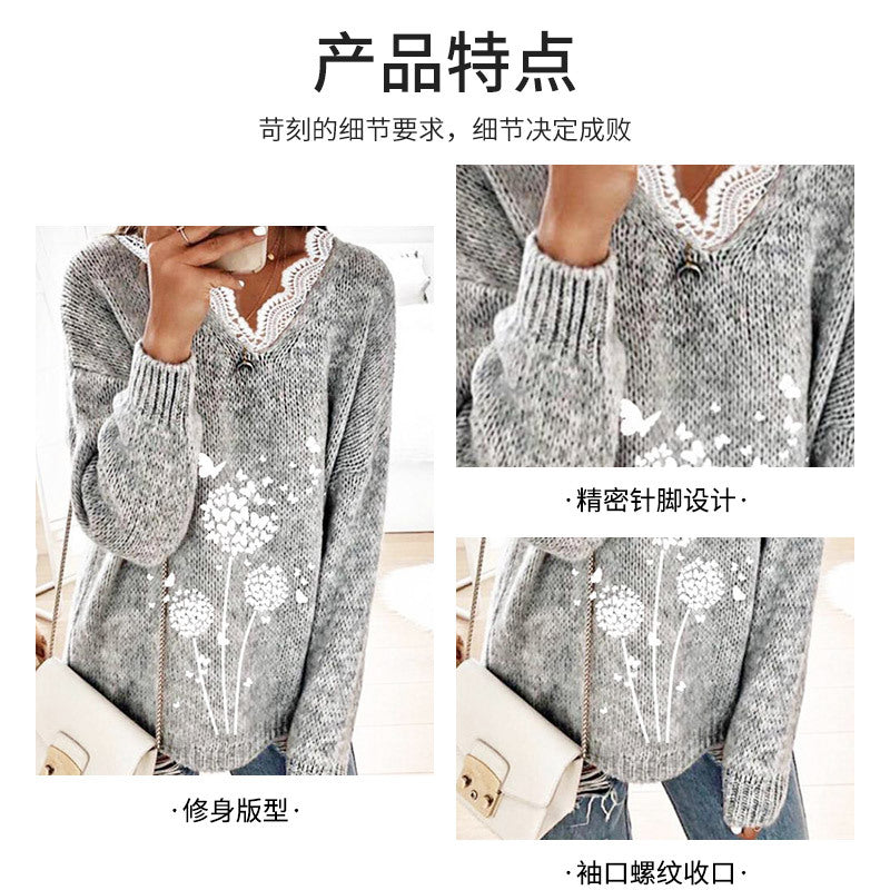 Autumn new New  lace V-neck knitted pullover, women's casual versatile knitted sweater wholesale