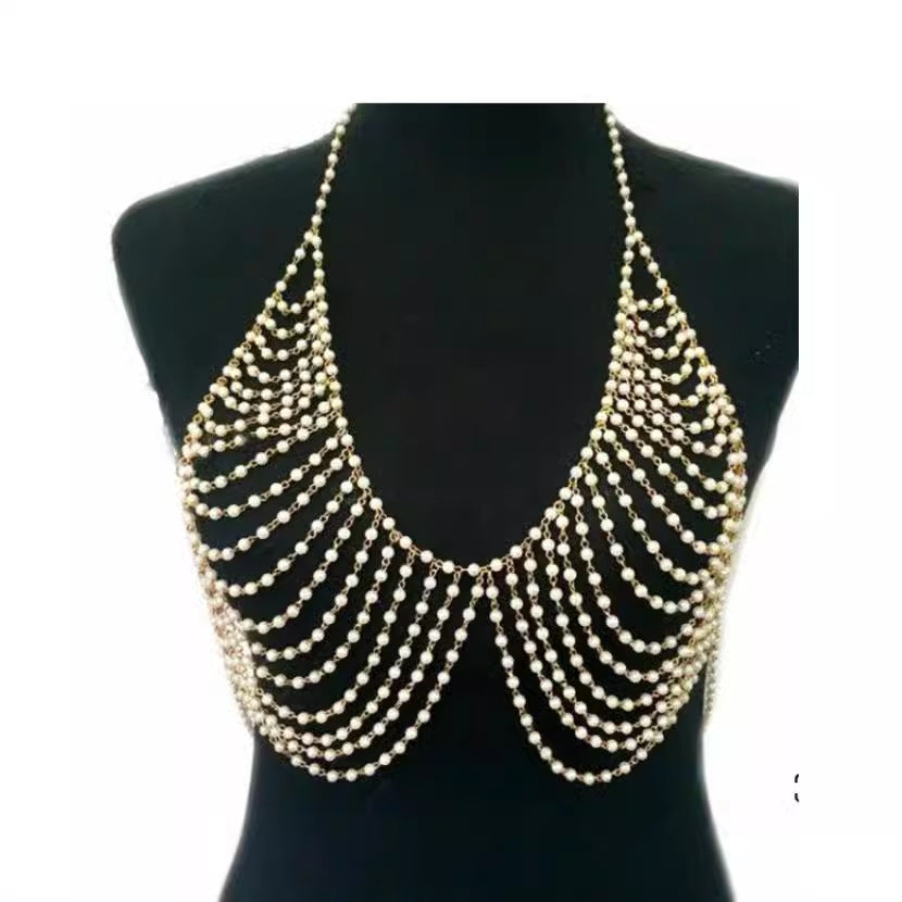 2025 LH4703 new pearl beaded chest chain body chain  New fashion sexy necklace metal gold real shot