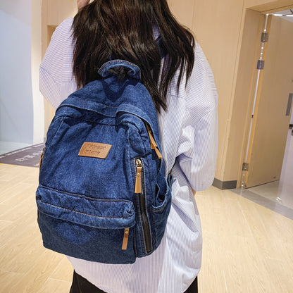 Backpack New Fashion Simple Trendy Backpack Large Capacity Durable Jean Bag University High School Junior High School School Bag