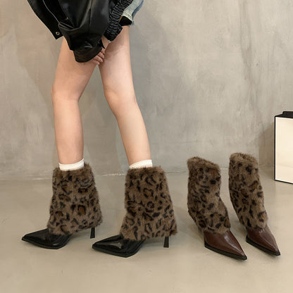 2025 Leopard print hairy medium tube women's boots autumn and winter retro short boots thin heel babes pant tube boots pointed  high heel boots