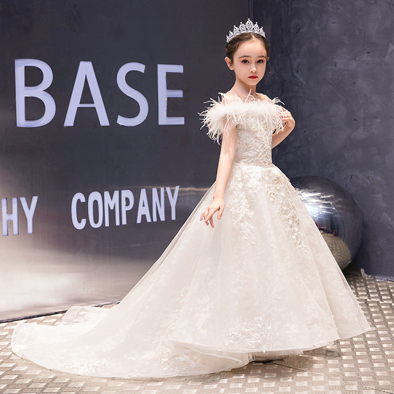 Children's Trailing Foreign Trade Dress Girls' Princess Dress Catwalk Flower Girl Wedding Dress Western Style Little Host Costume for Piano Performance