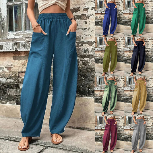 storexq wish Independent Station  Cross-Border Women's Clothing Pants Solid Color Pocket Women's Casual Trousers Trousers with an Elasticated Waist Trousers