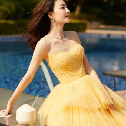 2025 Art exam evening dress female vocal advanced sense Wang Likun same yellow cake skirt runway princess tutu