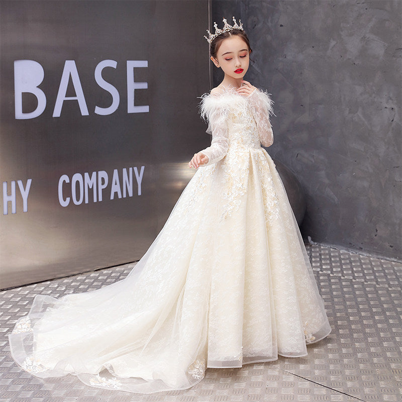 Children's Trailing Foreign Trade Dress Girls' Princess Dress Catwalk Flower Girl Wedding Dress Western Style Little Host Costume for Piano Performance