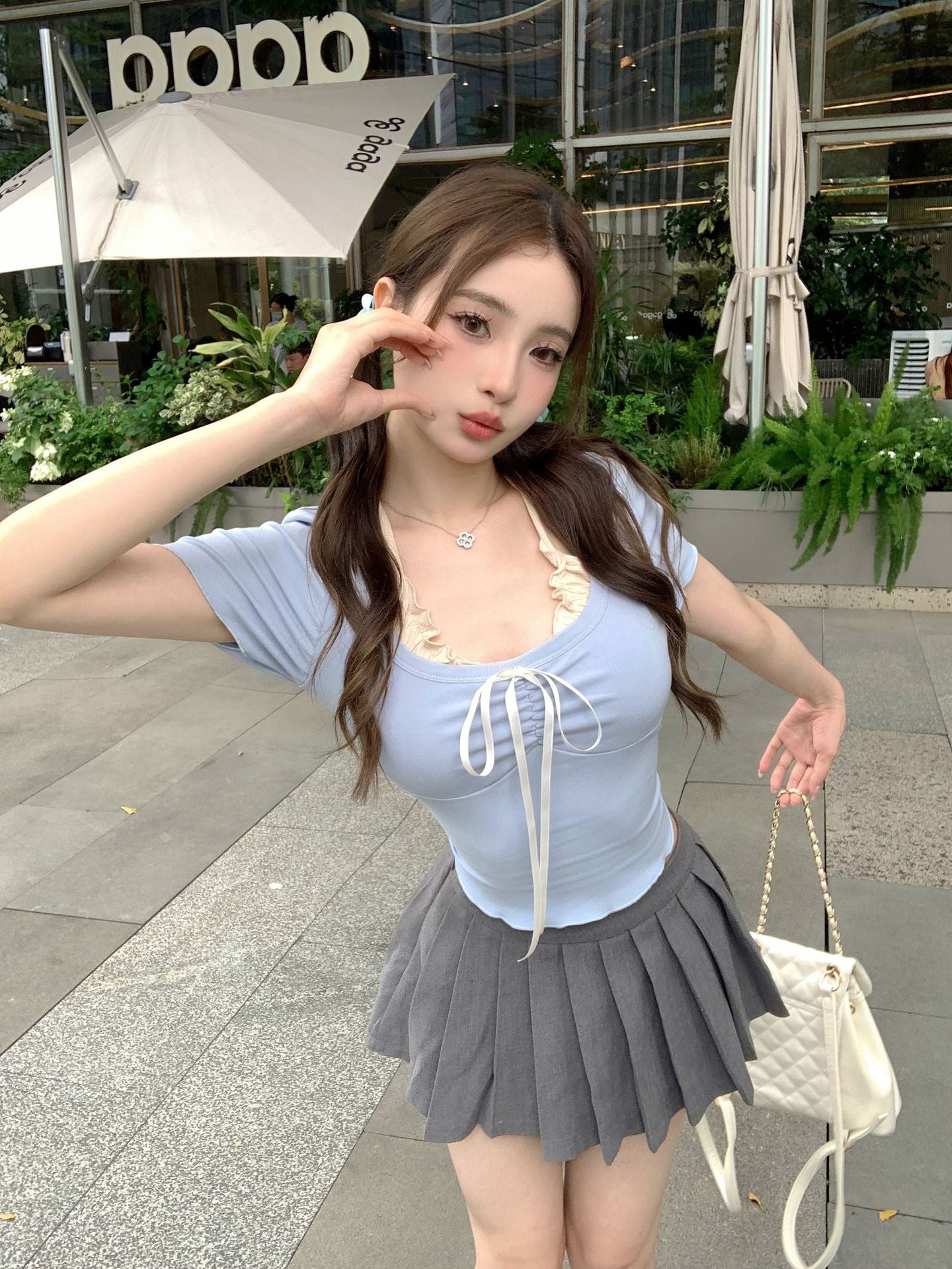 STOREXQ Sweet Fake Two Pieces Short Sleeve T-shirt Female Summer Pure Desire Slim Short Design Sense Wooden Ear Halter Top