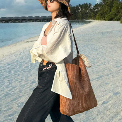 STOREXQ Summer Hot Series-Ins Style Lazy Feeling Straw Bag Shoulder Tote Bag Seaside Vacation Travel Beach Bag Women