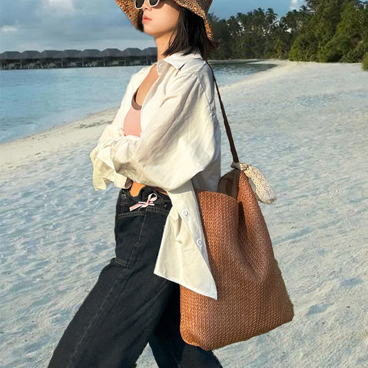 STOREXQ Summer Hot Series-Ins Style Lazy Feeling Straw Bag Shoulder Tote Bag Seaside Vacation Travel Beach Bag Women