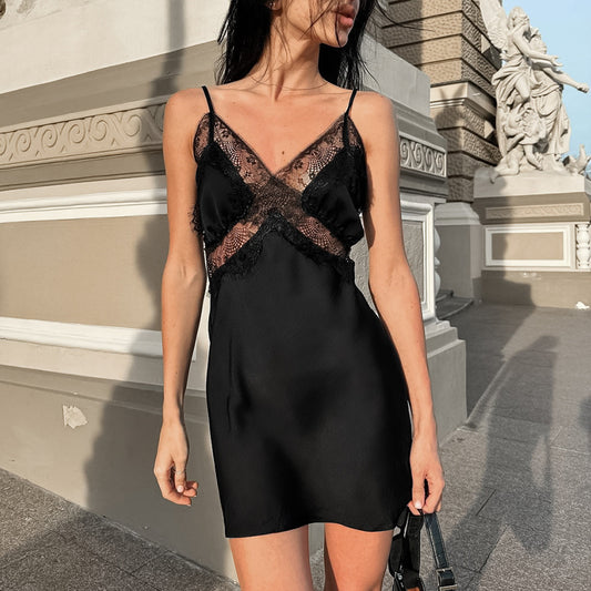 STOREXQ popular autumn 2025 fashion thin soft matte satin perspective V-neck suspender lace slim black dress women