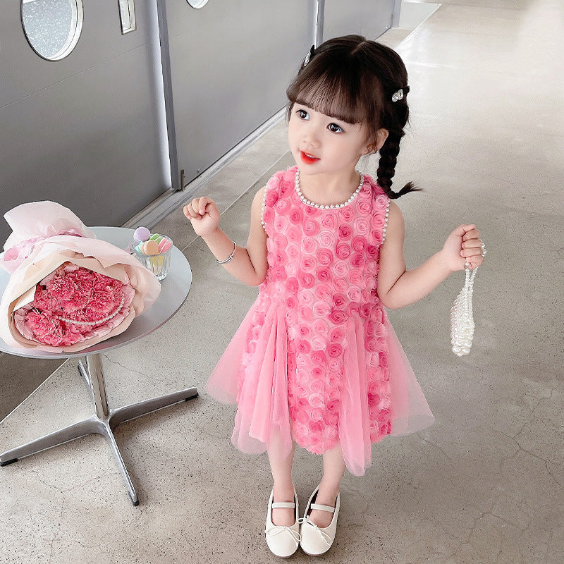 Girl's Rose Petals Princess Dress Summer Dress  New Children's Vest Dress Little Girl Trendy Mesh Dress