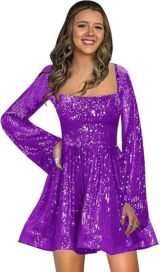 STOREXQ 2025 popular Autumn Shiny Sequins Alumni Dress Long Sleeve A-Shaped Square Neck Short Mini Cocktail Dress