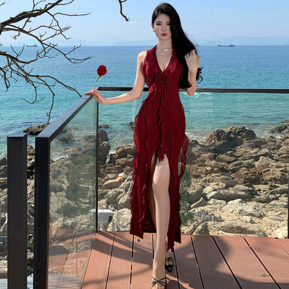 2025 Red neck V-neck female sexy hot girl gauze skirt temperament light dress seaside  waist pinch dress long dress