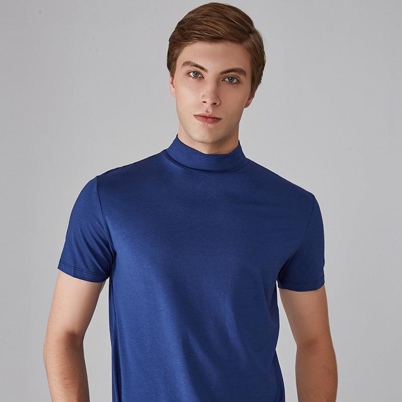 Wholesale Foreign Trade Men's Small Turtleneck Short Sleeve Teen T-shirt Mid Collar Pure Color Half Collar Daily Half Sleeve Bottoming Shirt